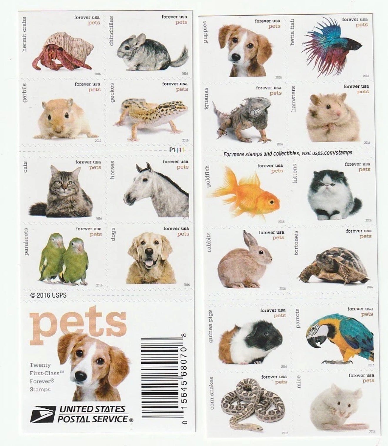 2016 USPS SHEET OF 20 FIRST CLASS LETTER STAMPS PETS 78¢