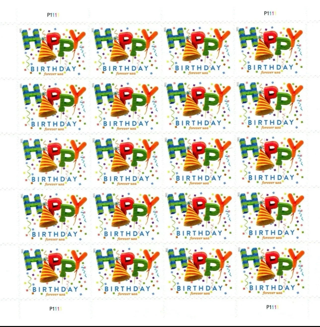 2021 USPS SHEET OF 20 FIRST CLASS LETTER STAMPS HAPPY BIRTHDAY 78¢
