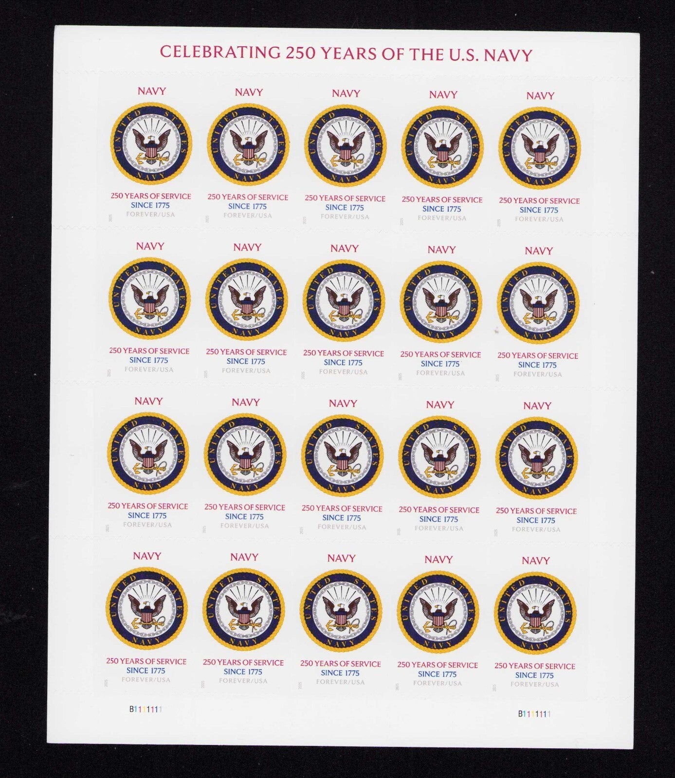 2025 USPS SHEET OF 20 FOREVER LETTER STAMPS CELEBRATING 250 YEARS OF US NAVY 78¢