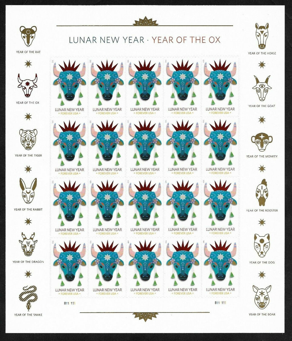 2021 USPS SHEET OF 20 FIRST CLASS LETTER STAMPS LUNAR NEW YEAR- OX 78¢
