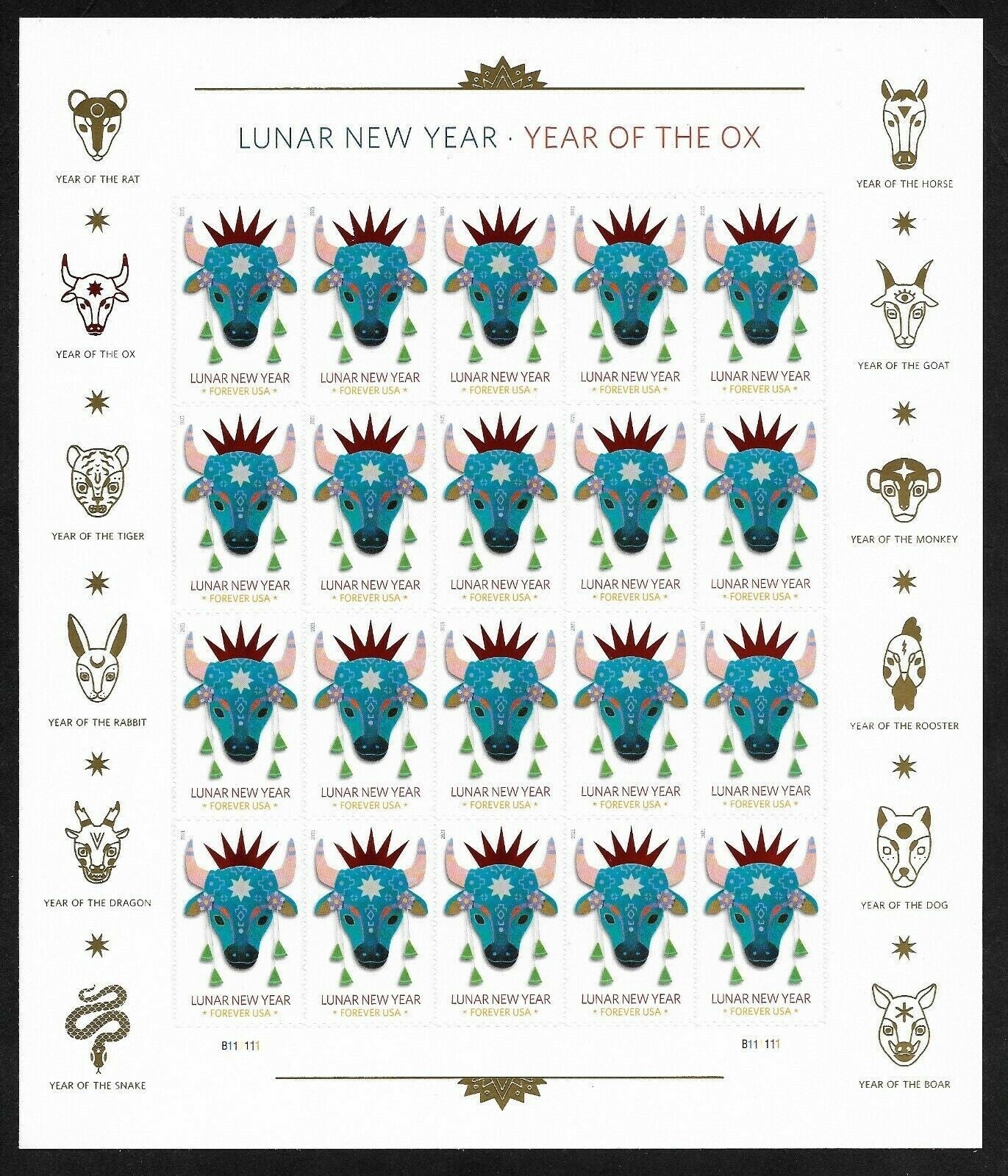 2021 USPS SHEET OF 20 FIRST CLASS LETTER STAMPS LUNAR NEW YEAR- OX 78¢