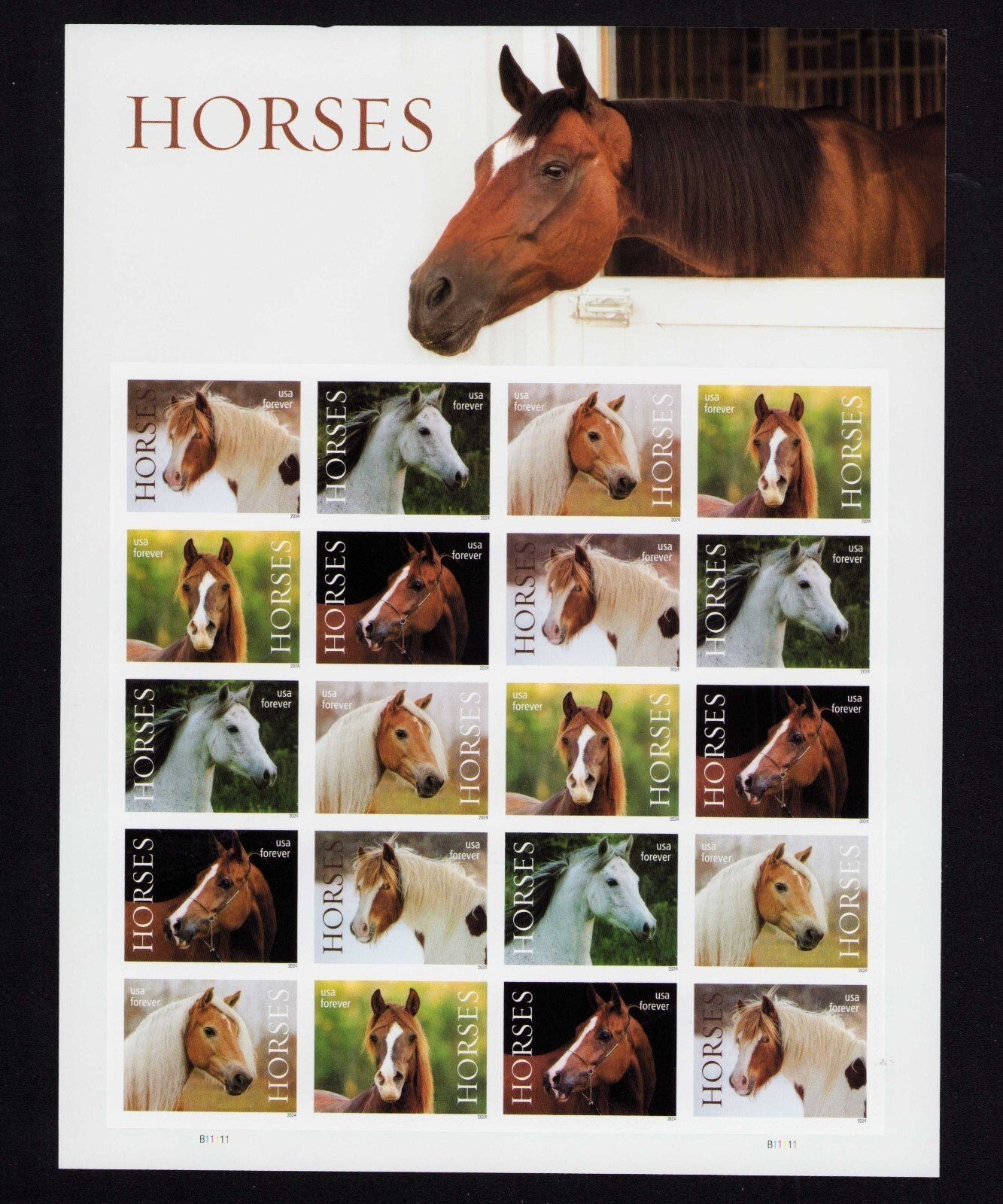 2024 USPS SHEET OF 20 FIRST CLASS LETTER STAMPS HORSES 78¢