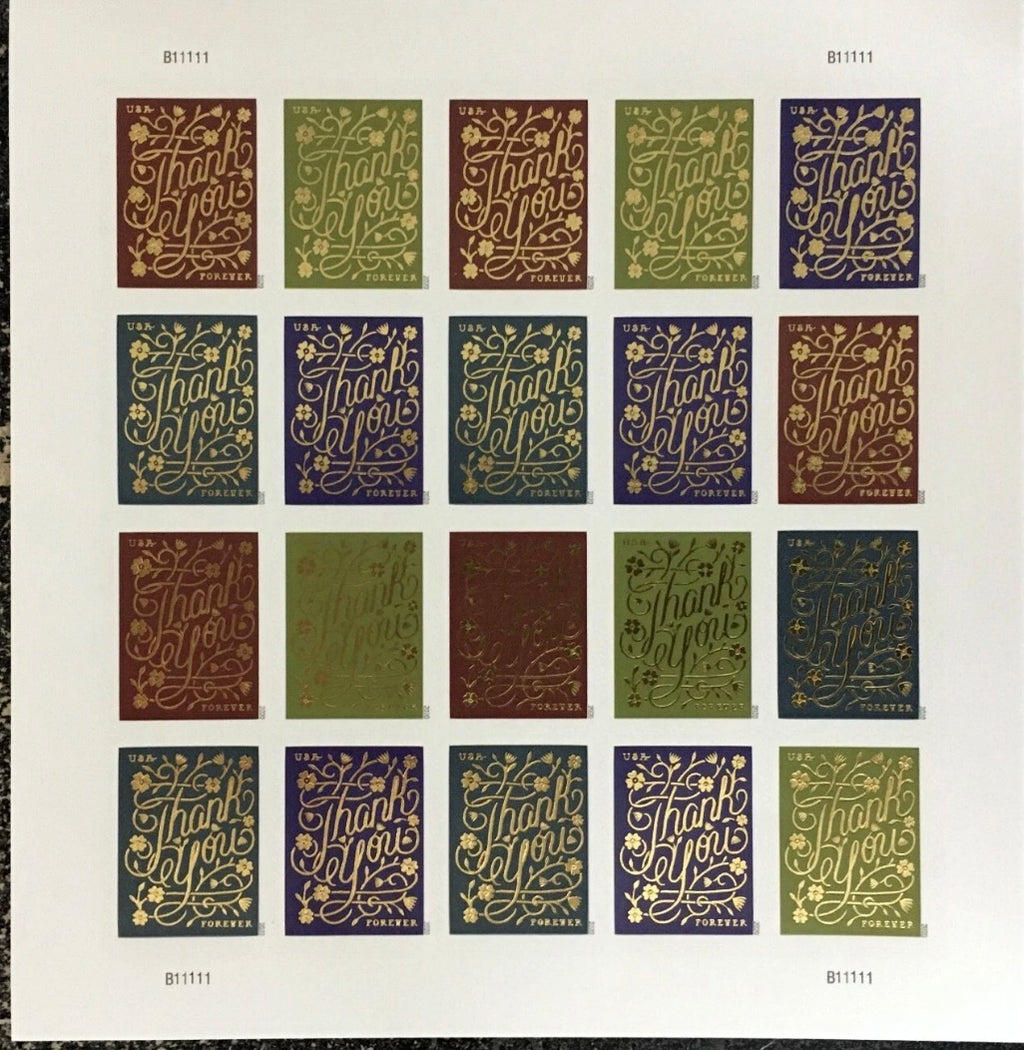 2020 USPS SHEET OF 20 FIRST CLASS LETTER STAMPS THANK YOU 78¢