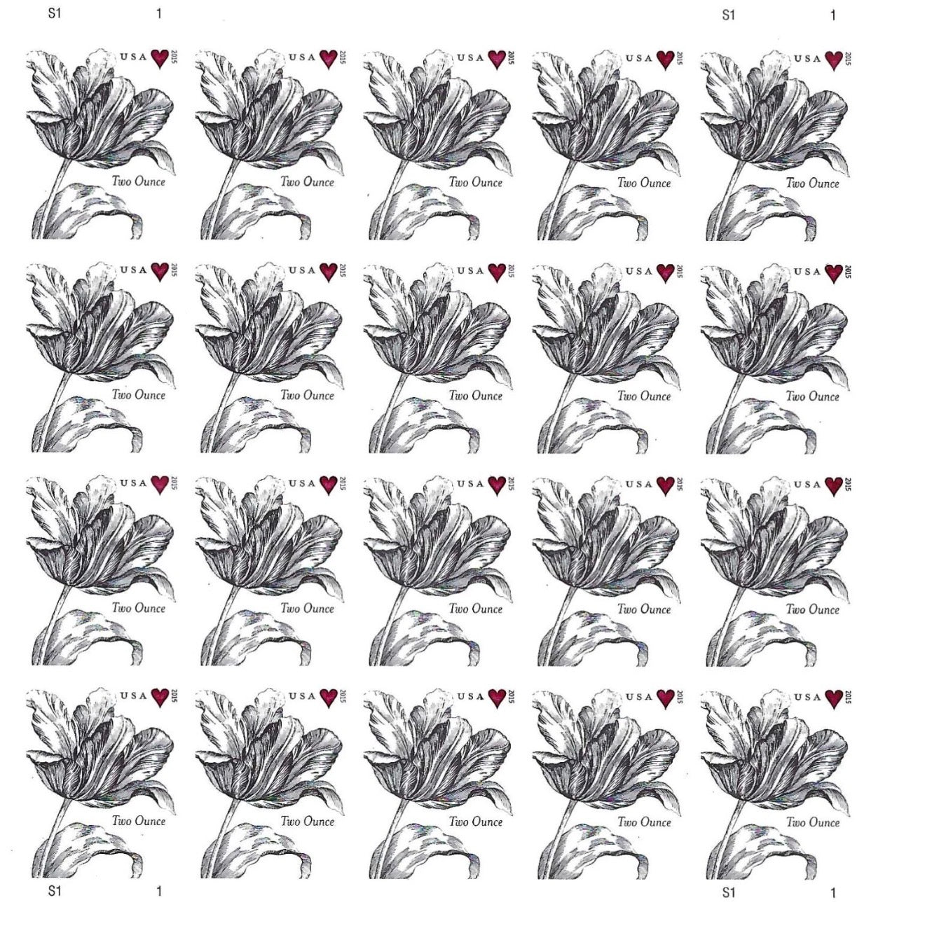 2015 USPS SHEET OF 20 TWO OUNCE STAMPS VINTAGE WEDDING TULIP 1.07¢