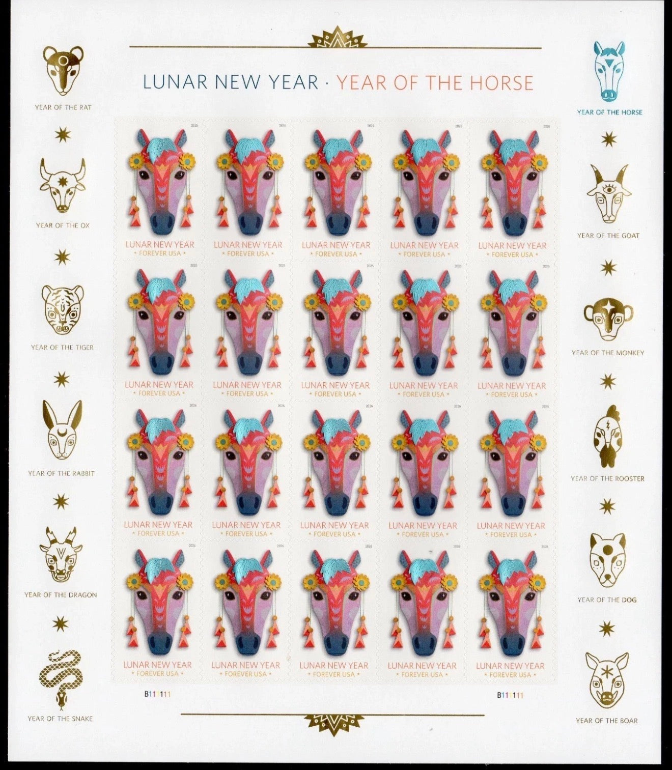 2026 USPS SHEET OF 20 FIRST CLASS LETTER STAMPS LUNAR NEW YEAR- HORSE 78¢