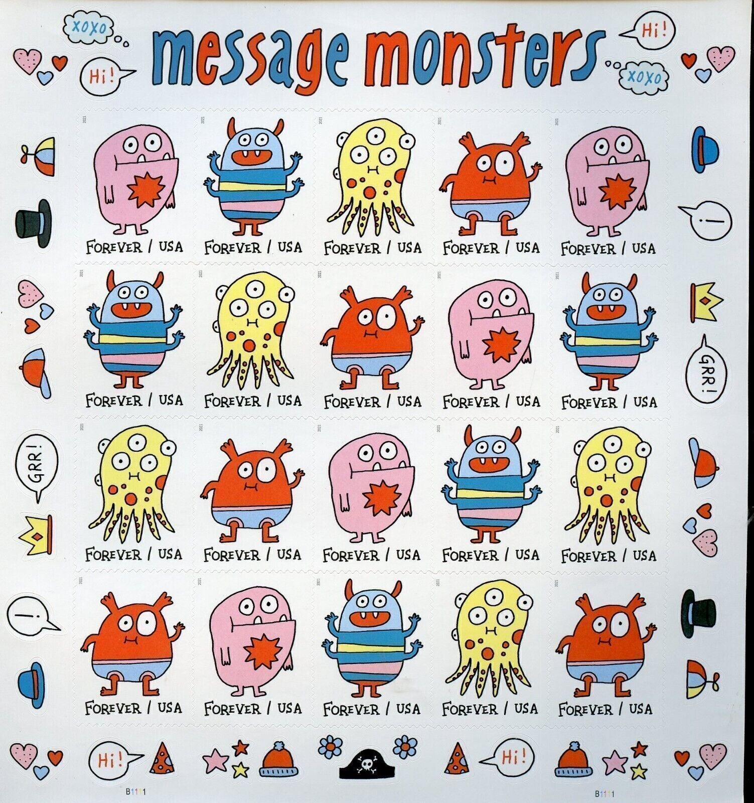 2021 USPS SHEET OF 20 FIRST CLASS LETTER STAMPS MESSAGE MONSTERS 78¢