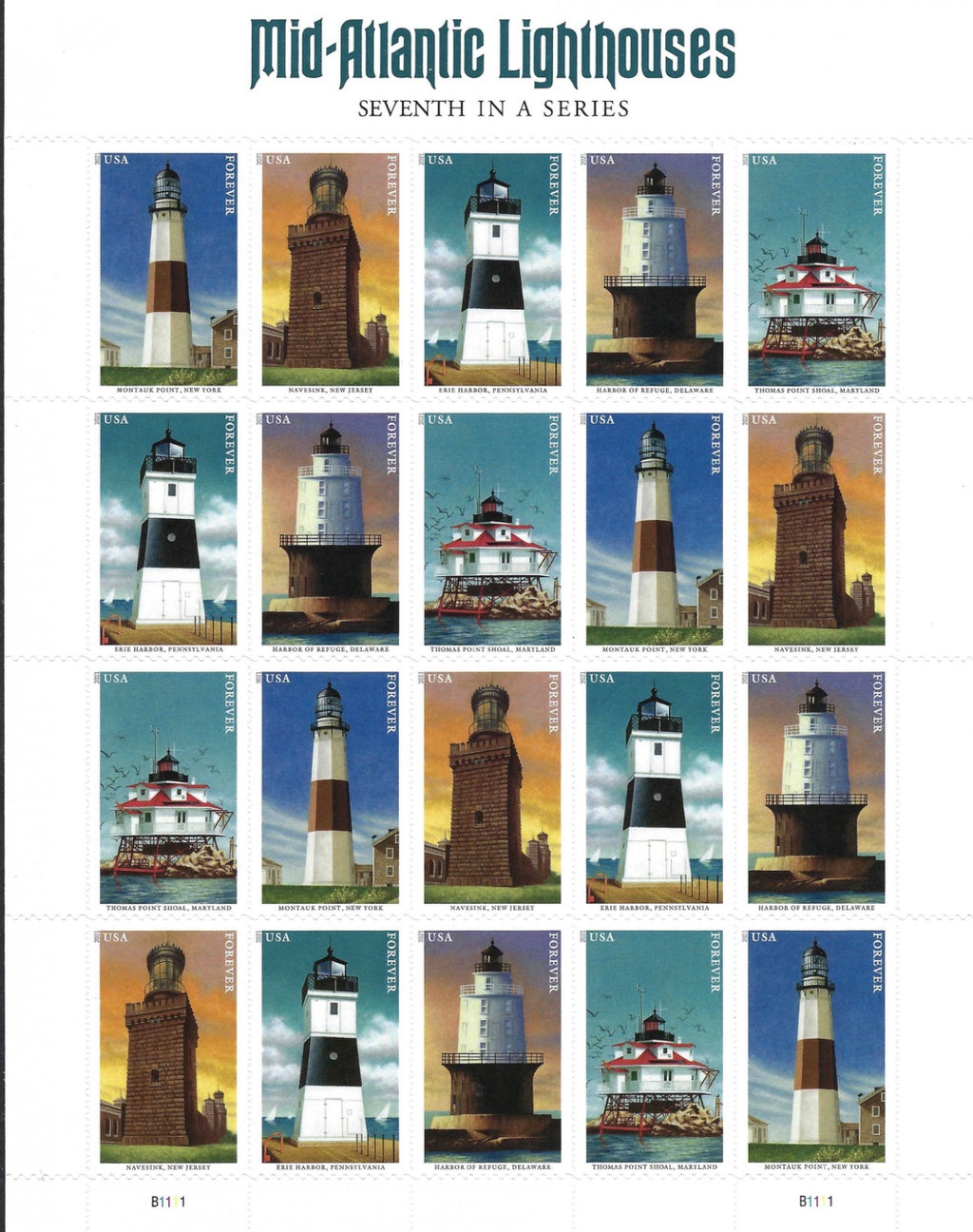 2021 USPS SHEET OF 20 FIRST CLASS LETTER STAMPS MID-ATLANTIC LIGHTHOUSES 78¢