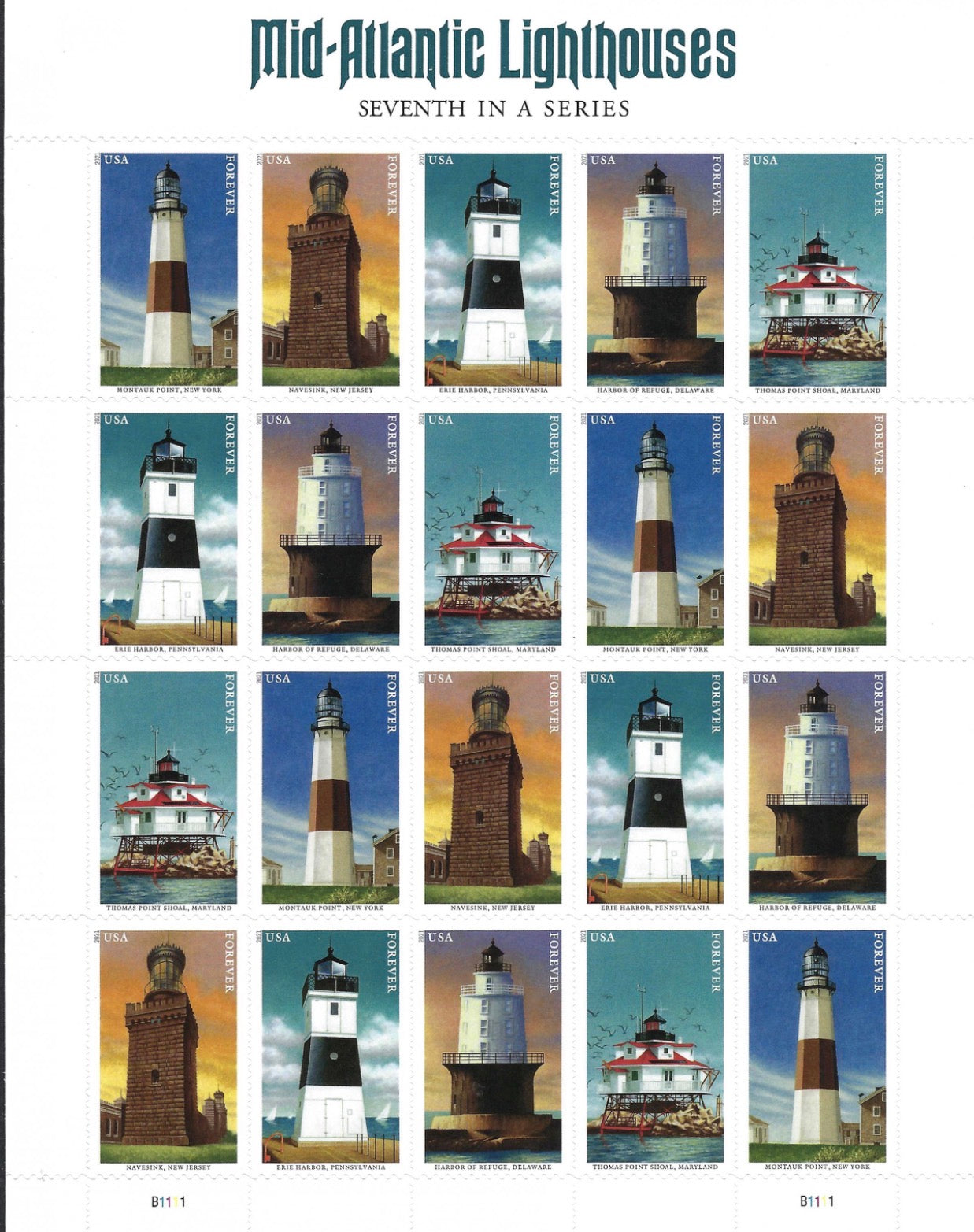 2021 USPS SHEET OF 20 FIRST CLASS LETTER STAMPS MID-ATLANTIC LIGHTHOUSES 78¢