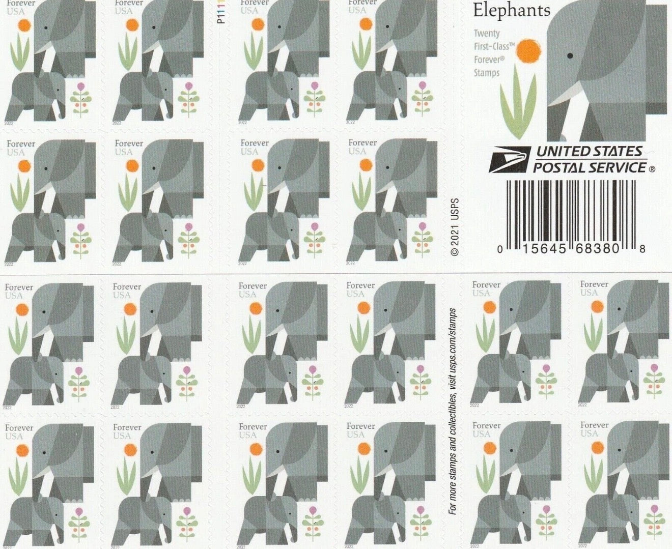 2021 USPS SHEET OF 20 FIRST CLASS LETTER STAMPS ELEPHANTS 78¢