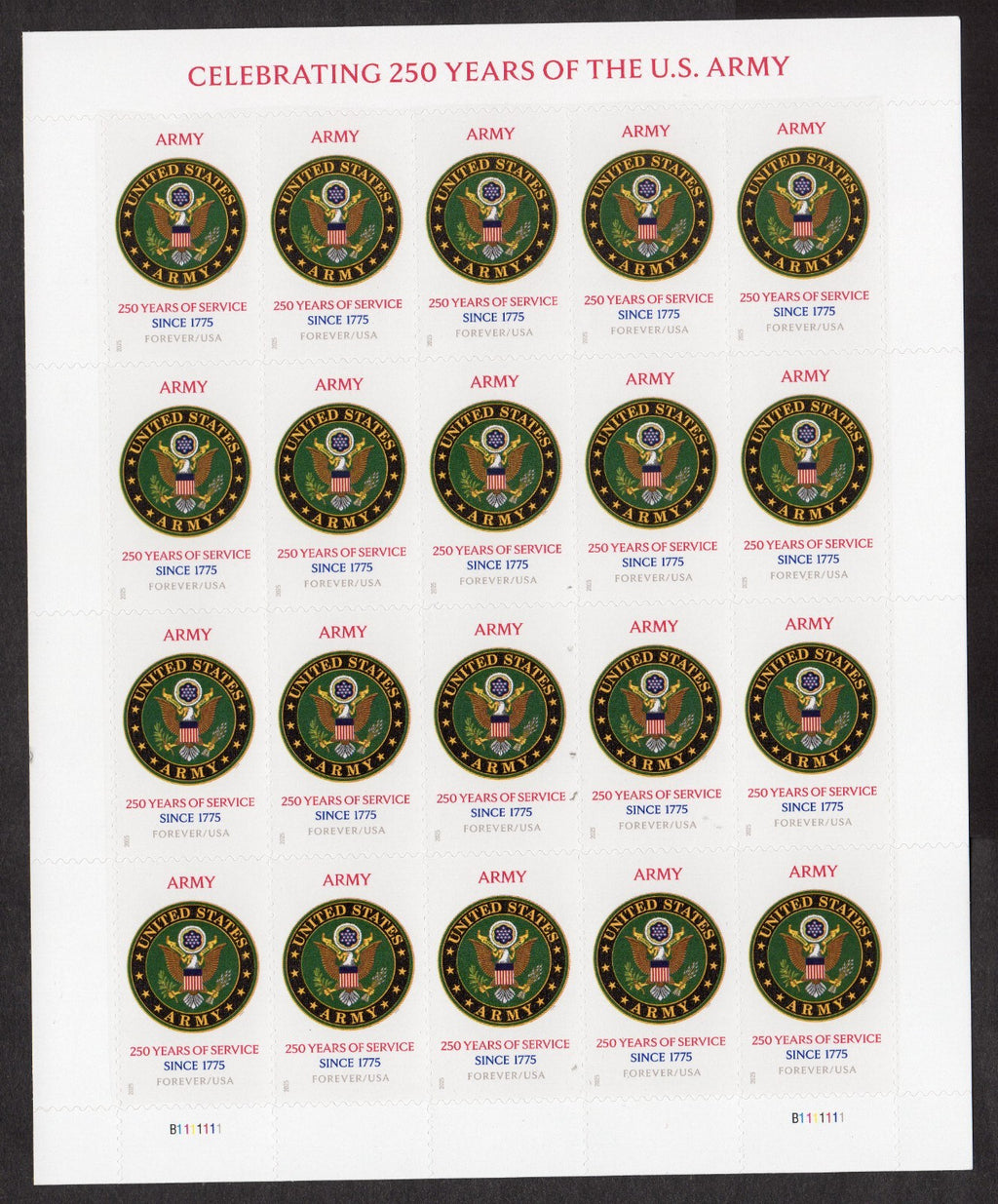 2025 USPS SHEET OF 20 FOREVER LETTER STAMPS CELEBRATING 250 YEARS OF US ARMY 78¢