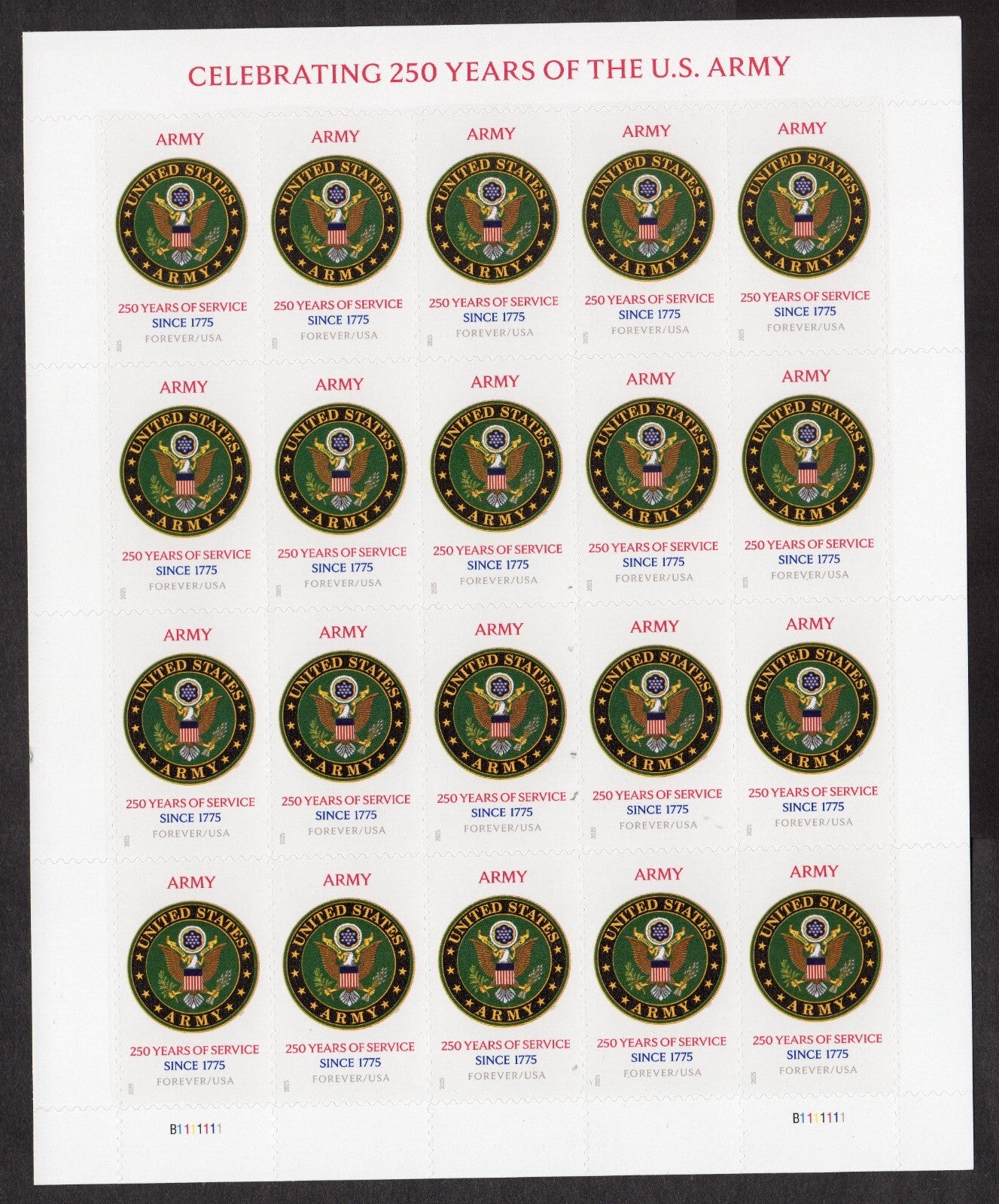 2025 USPS SHEET OF 20 FOREVER LETTER STAMPS CELEBRATING 250 YEARS OF US ARMY 78¢