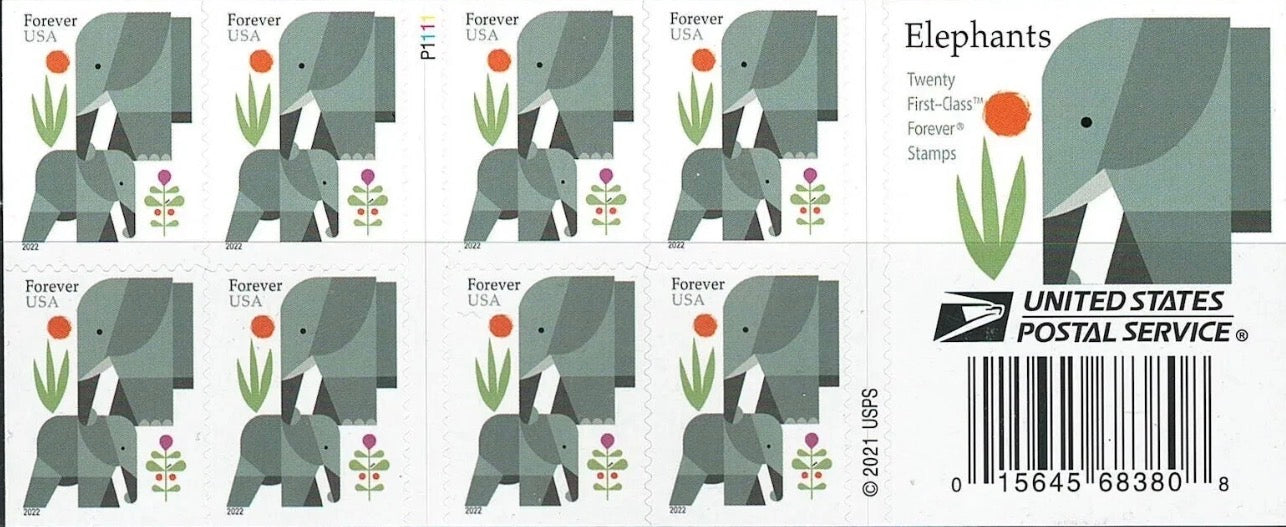 2021 USPS SHEET OF 20 FIRST CLASS LETTER STAMPS ELEPHANTS 78¢