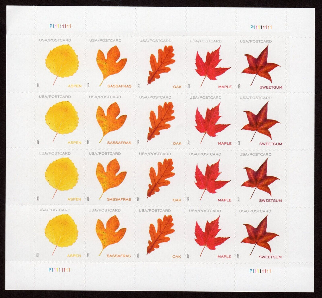 2025 USPS SHEET OF 20 POSTCARD STAMPS VIBRANT LEAVES 61¢