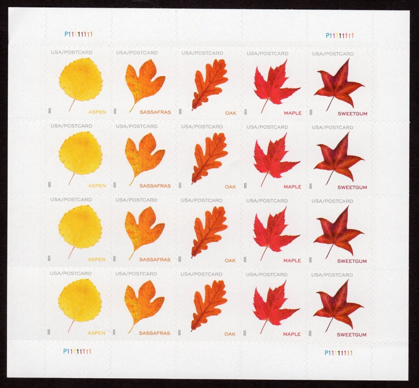 2025 USPS SHEET OF 20 POSTCARD STAMPS VIBRANT LEAVES 61¢