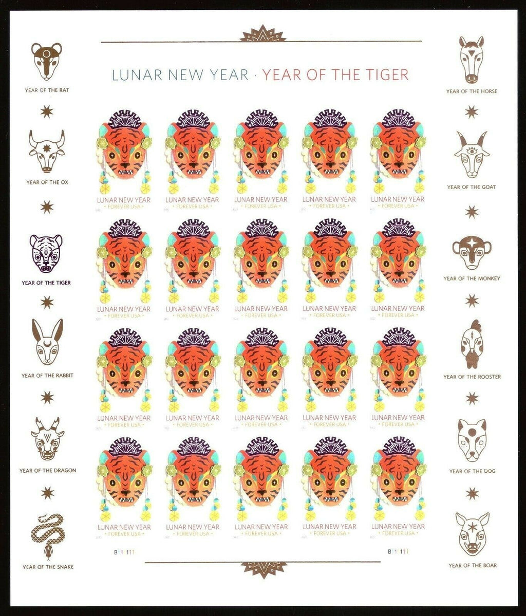 2022 USPS SHEET OF 20 FIRST CLASS LETTER STAMPS LUNAR NEW YEAR- TIGER 78¢