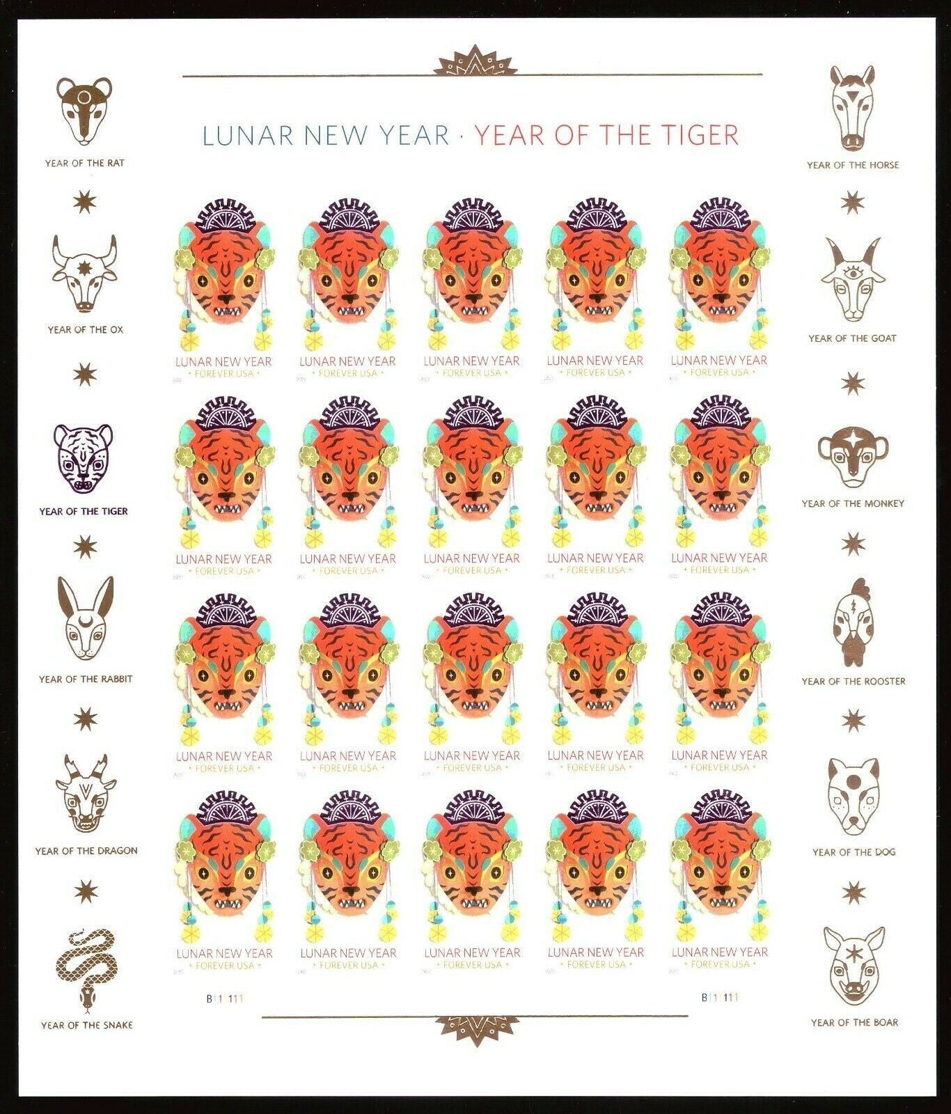 2022 USPS SHEET OF 20 FIRST CLASS LETTER STAMPS LUNAR NEW YEAR- TIGER 78¢