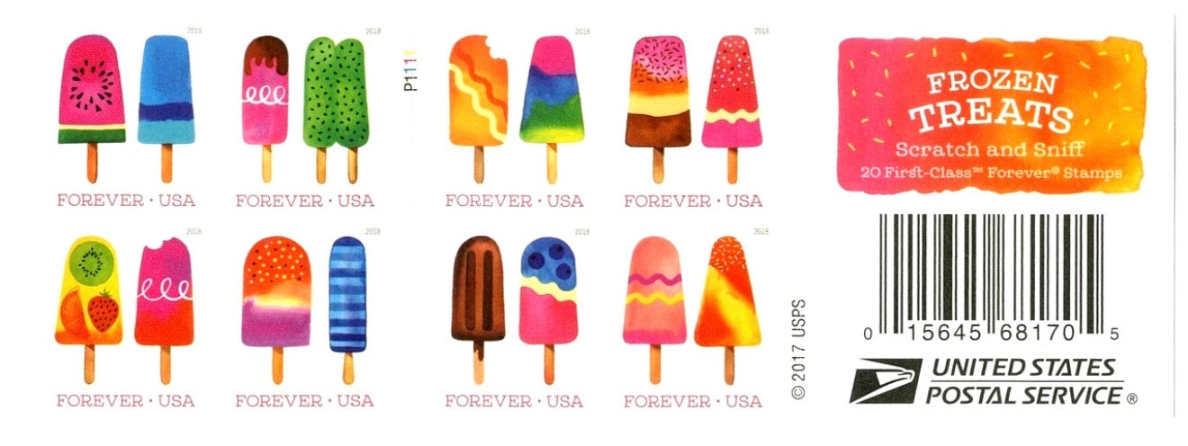 2018 USPS SHEET OF 20 FIRST CLASS LETTER STAMPS FROZEN TREATS 78¢