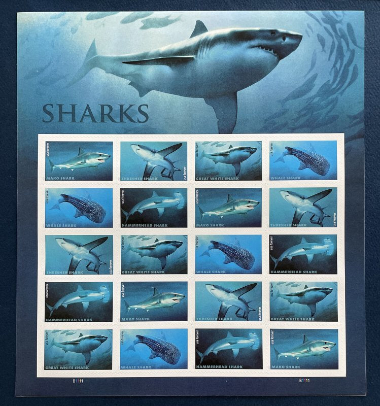2017 USPS SHEET OF 20 FIRST CLASS LETTER STAMPS SHARKS 78¢