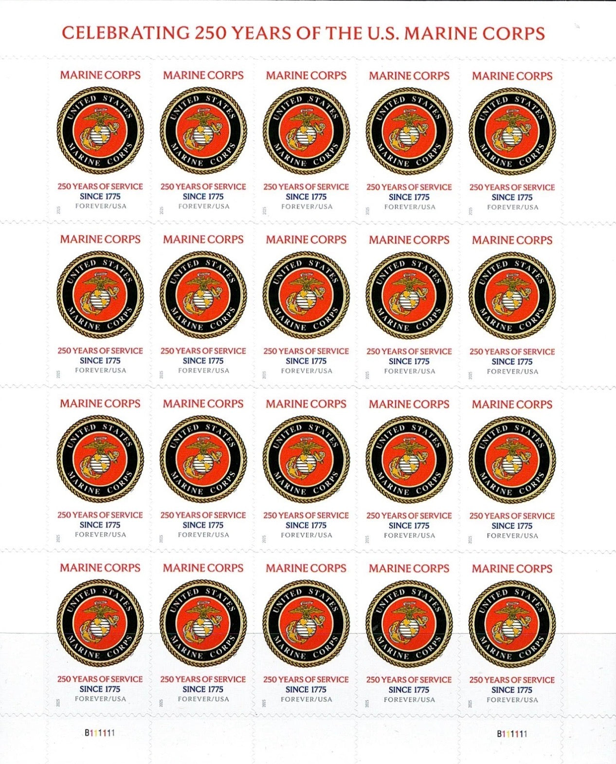 2025 USPS SHEET OF 20 FOREVER LETTER STAMPS CELEBRATING 250 YEARS OF USMC 78¢