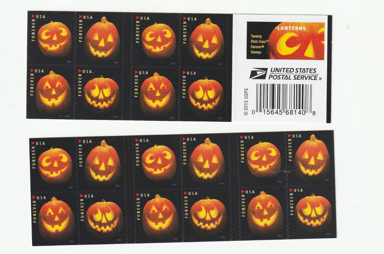 2016 USPS SHEET OF 20 FIRST CLASS LETTER STAMPS JACK-O-LANTERNS 78¢