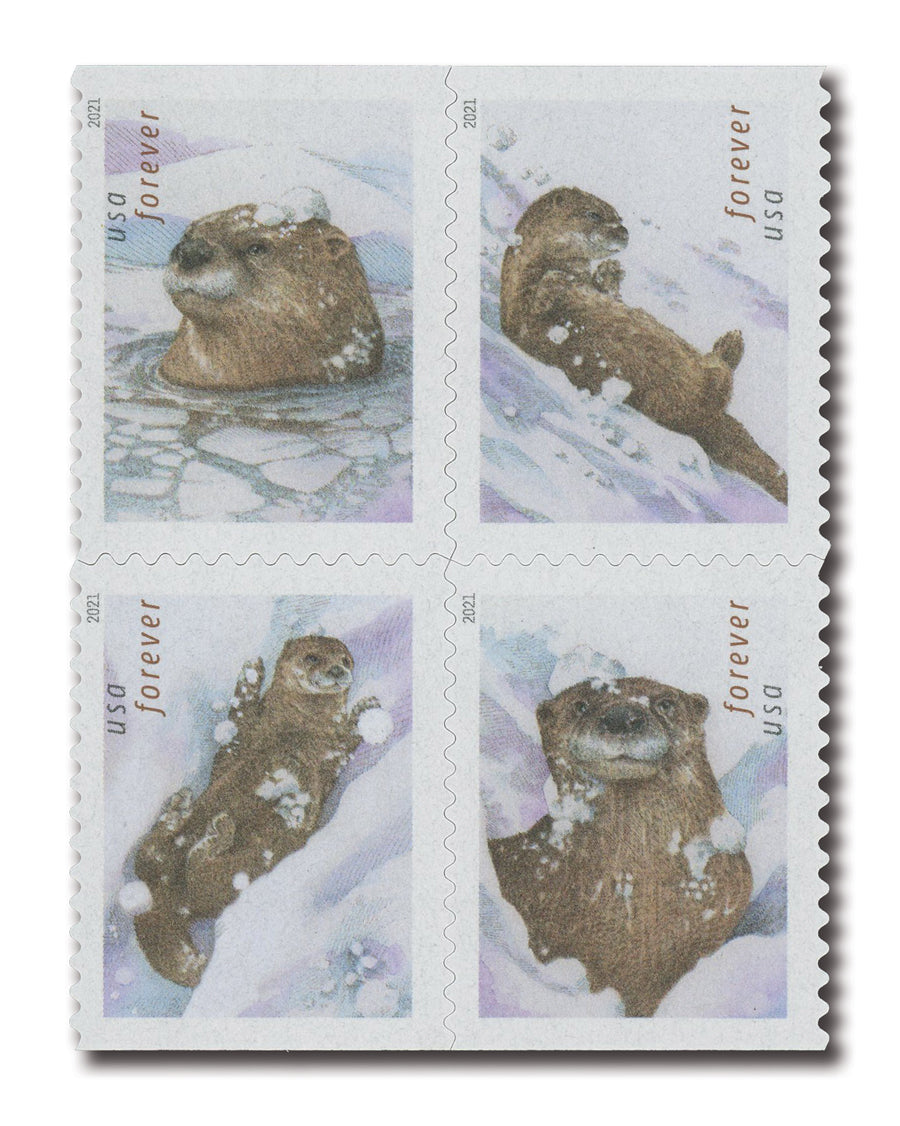 2021 USPS SHEET OF 20 FIRST CLASS LETTER STAMPS OTTERS IN SNOW 78¢
