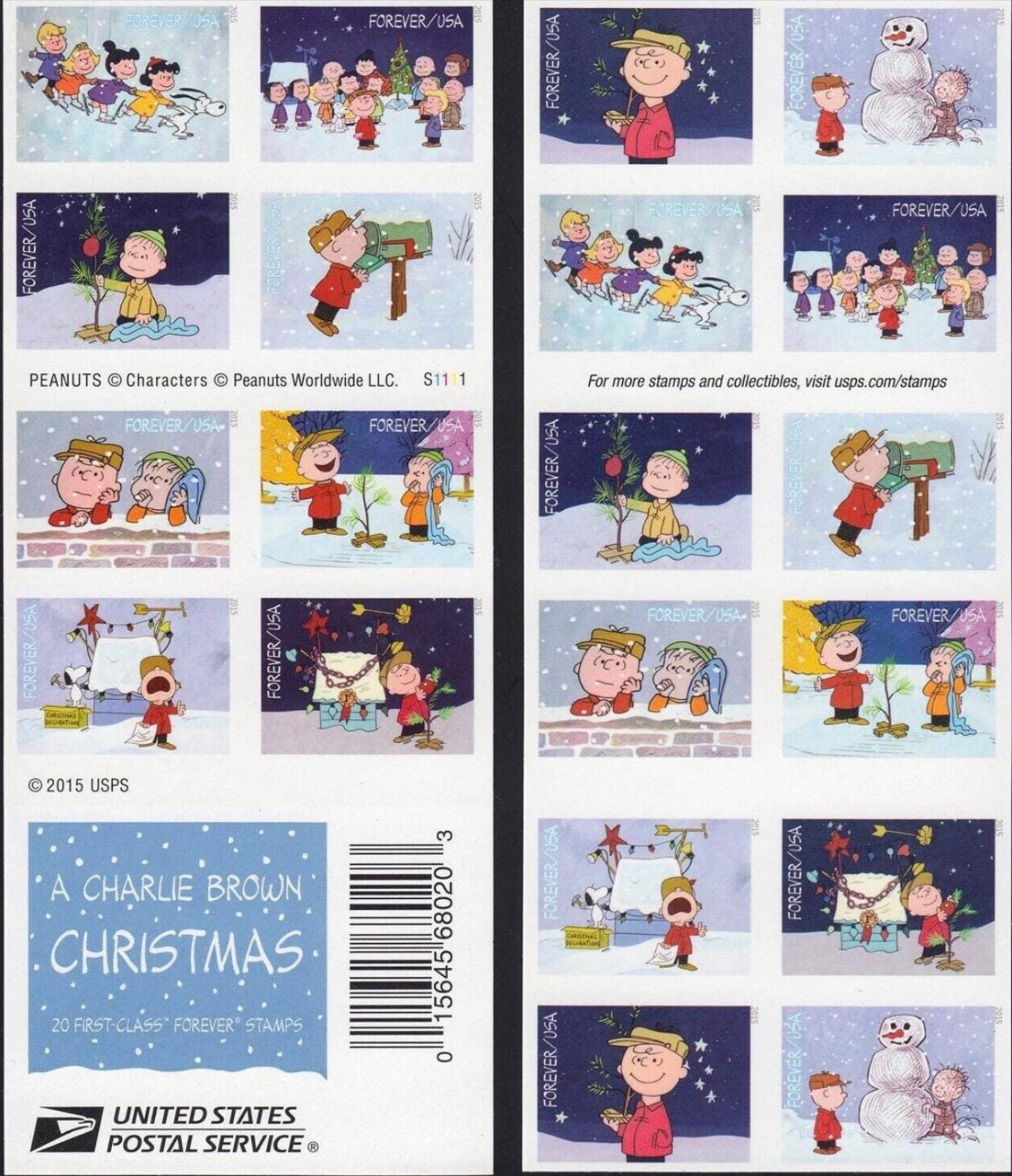 2015 USPS SHEET OF 20 FIRST CLASS LETTER STAMPS A CHARLIE BROWN CHRISTMAS 78¢