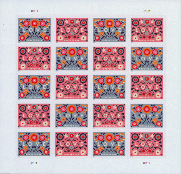 2022 USPS SHEET OF 20 FIRST CLASS LETTER STAMPS LOVE 78¢