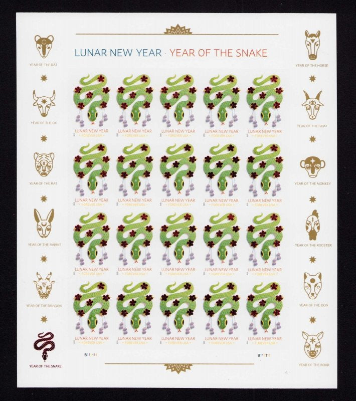 2025 USPS SHEET OF 20 FIRST CLASS LETTER STAMPS LUNAR NEW YEAR- SNAKE 78¢