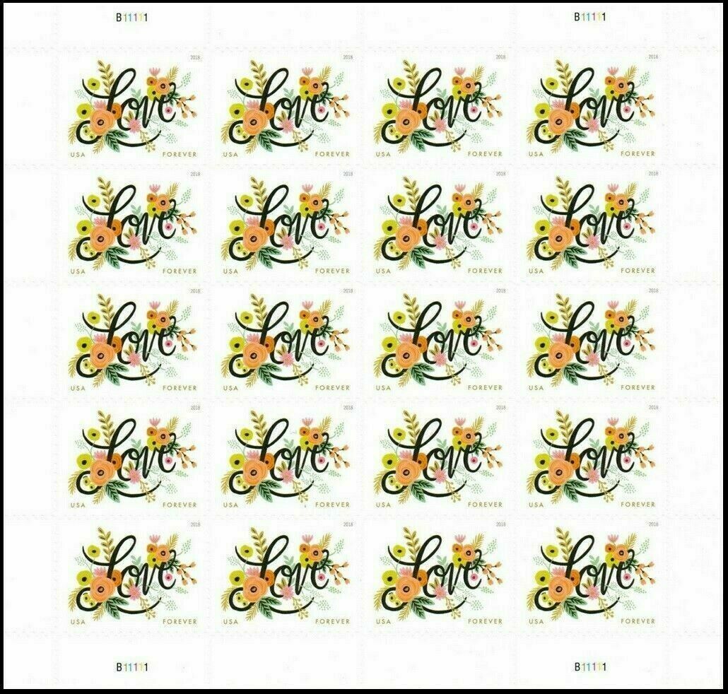 2018 USPS SHEET OF 20 FIRST CLASS LETTER STAMPS LOVE FLOURISHES 78¢