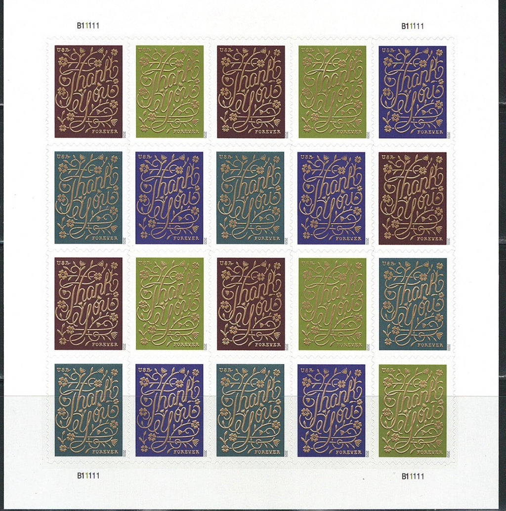2020 USPS SHEET OF 20 FIRST CLASS LETTER STAMPS THANK YOU 78¢