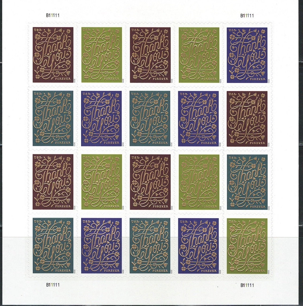 2020 USPS SHEET OF 20 FIRST CLASS LETTER STAMPS THANK YOU 78¢