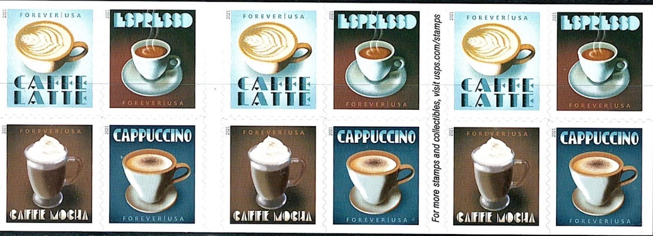 2021 USPS SHEET OF 20 FIRST CLASS LETTER STAMPS ESPRESSO DRINKS 78¢