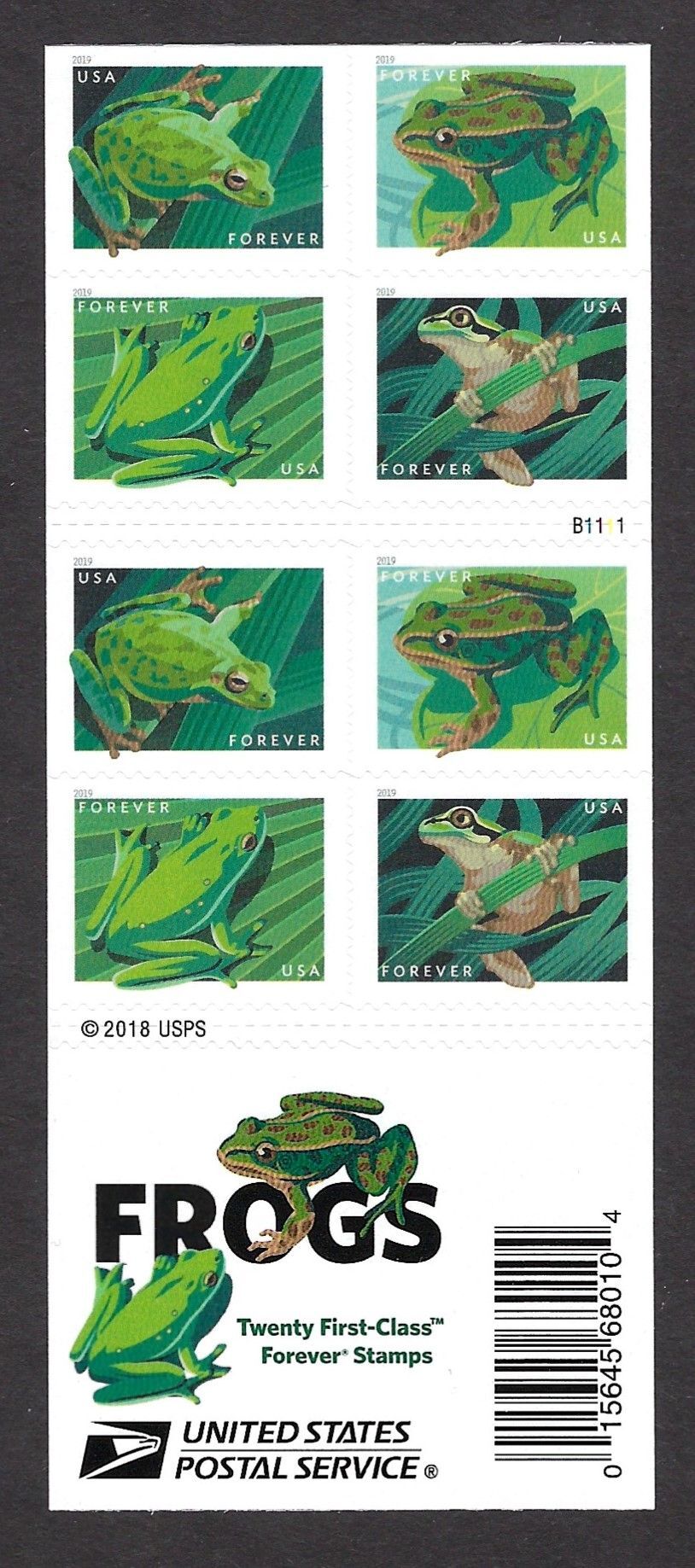 2019 USPS SHEET OF 20 FIRST CLASS LETTER STAMPS FROGS 78¢