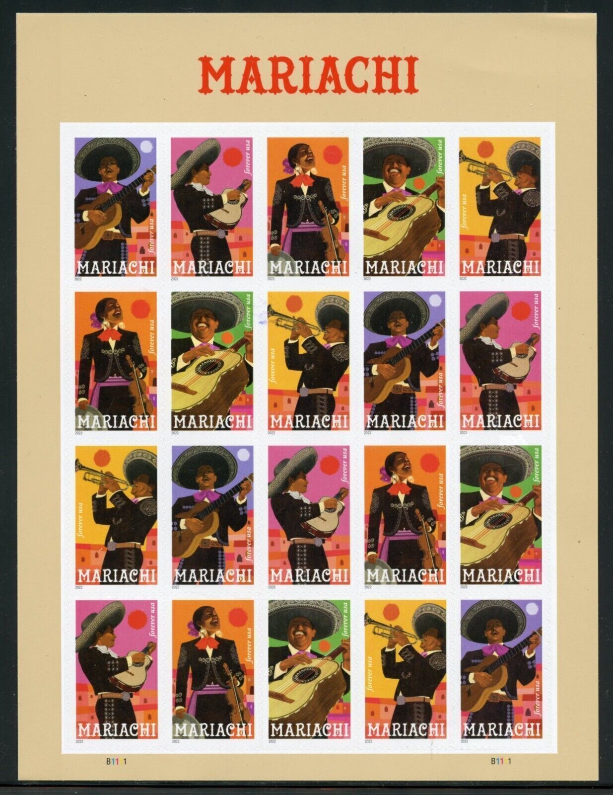 2022 USPS SHEET OF 20 FIRST CLASS LETTER STAMPS MARIACHI 78¢