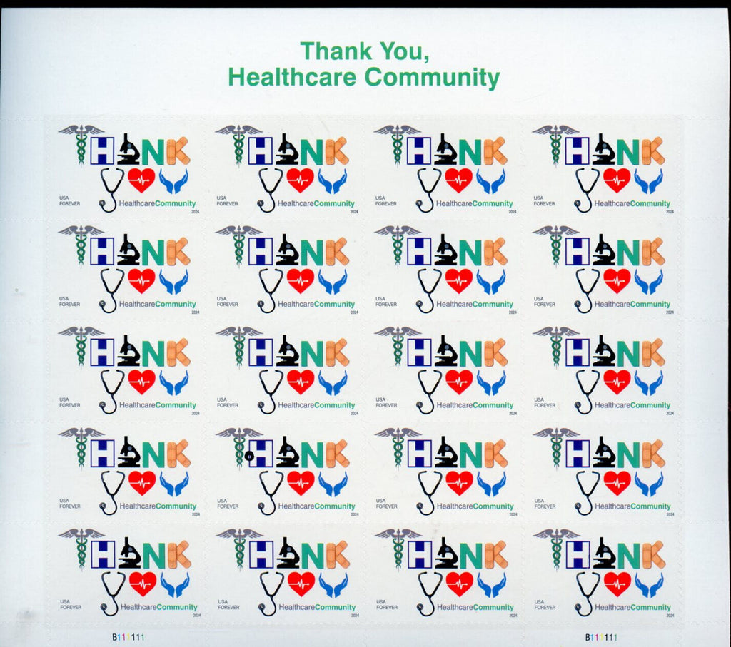 2024 USPS SHEET OF 20 FIRST CLASS LETTER STAMPS THANK YOU, HEALTHCARE 78¢