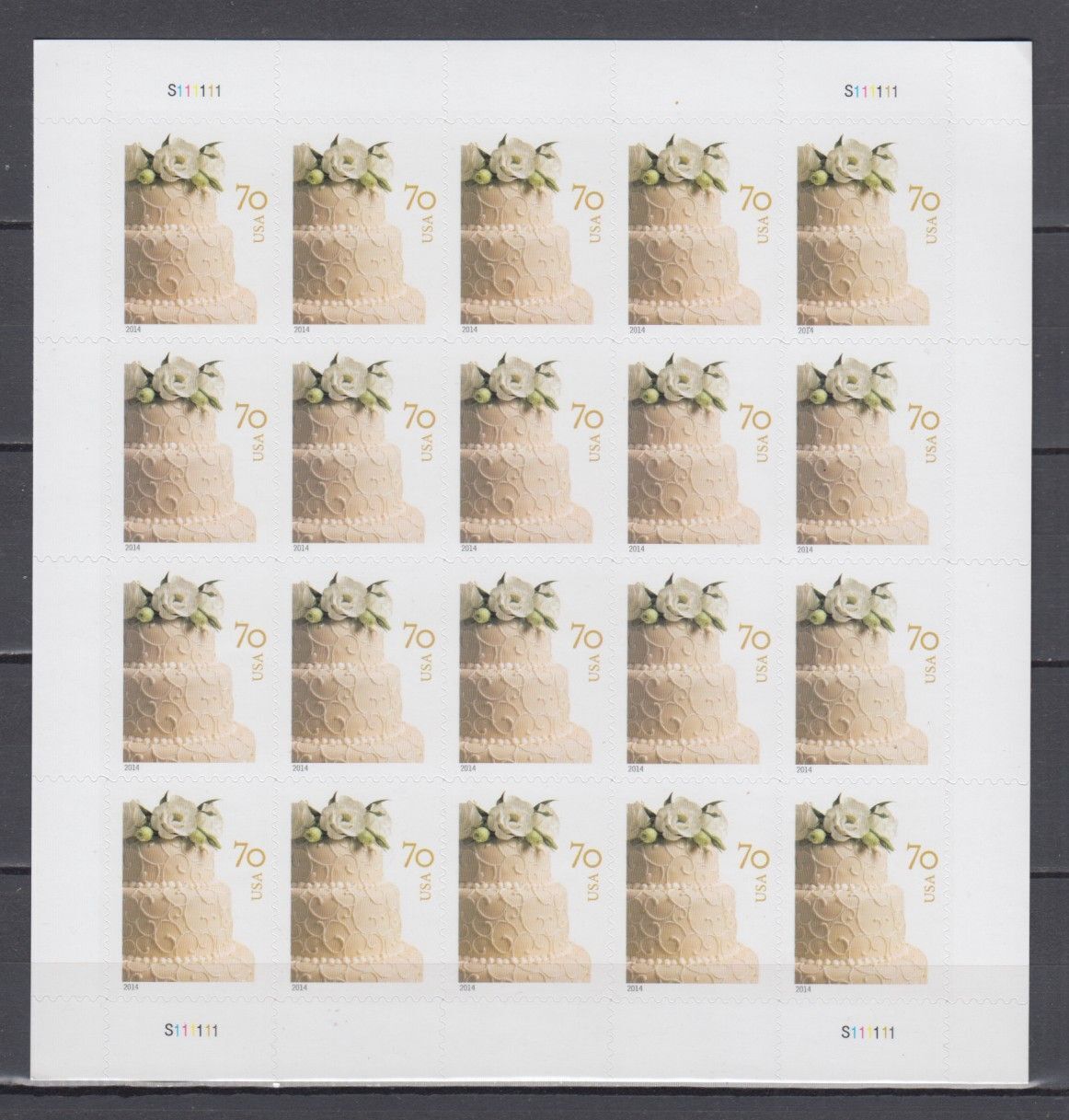 2014 USPS SHEET OF 20 70¢ LETTER STAMPS WEDDING CAKE
