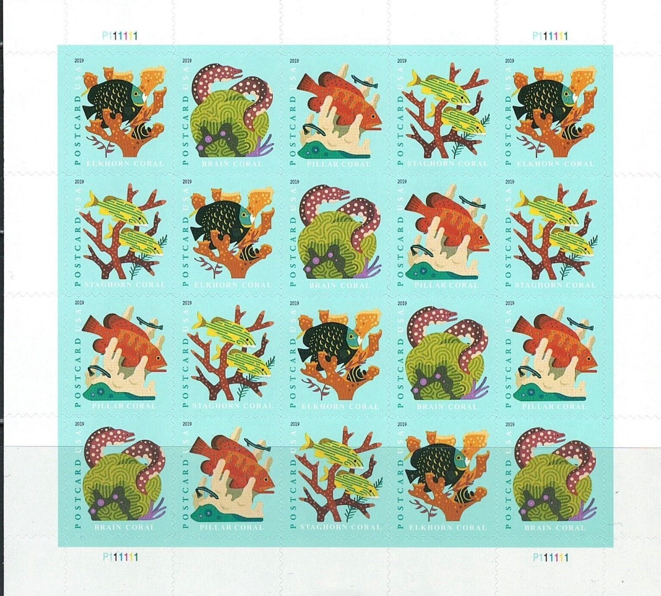 2019 USPS SHEET OF 20 POSTCARD STAMPS CORAL REEFS 61¢