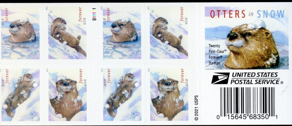 2021 USPS SHEET OF 20 FIRST CLASS LETTER STAMPS OTTERS IN SNOW 78¢