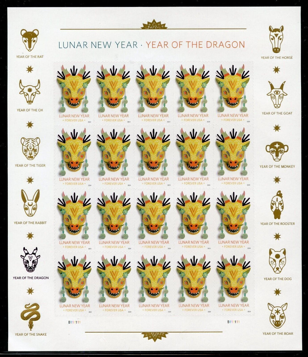 2024 USPS SHEET OF 20 FIRST CLASS LETTER STAMPS LUNAR NEW YEAR- DRAGON 78¢