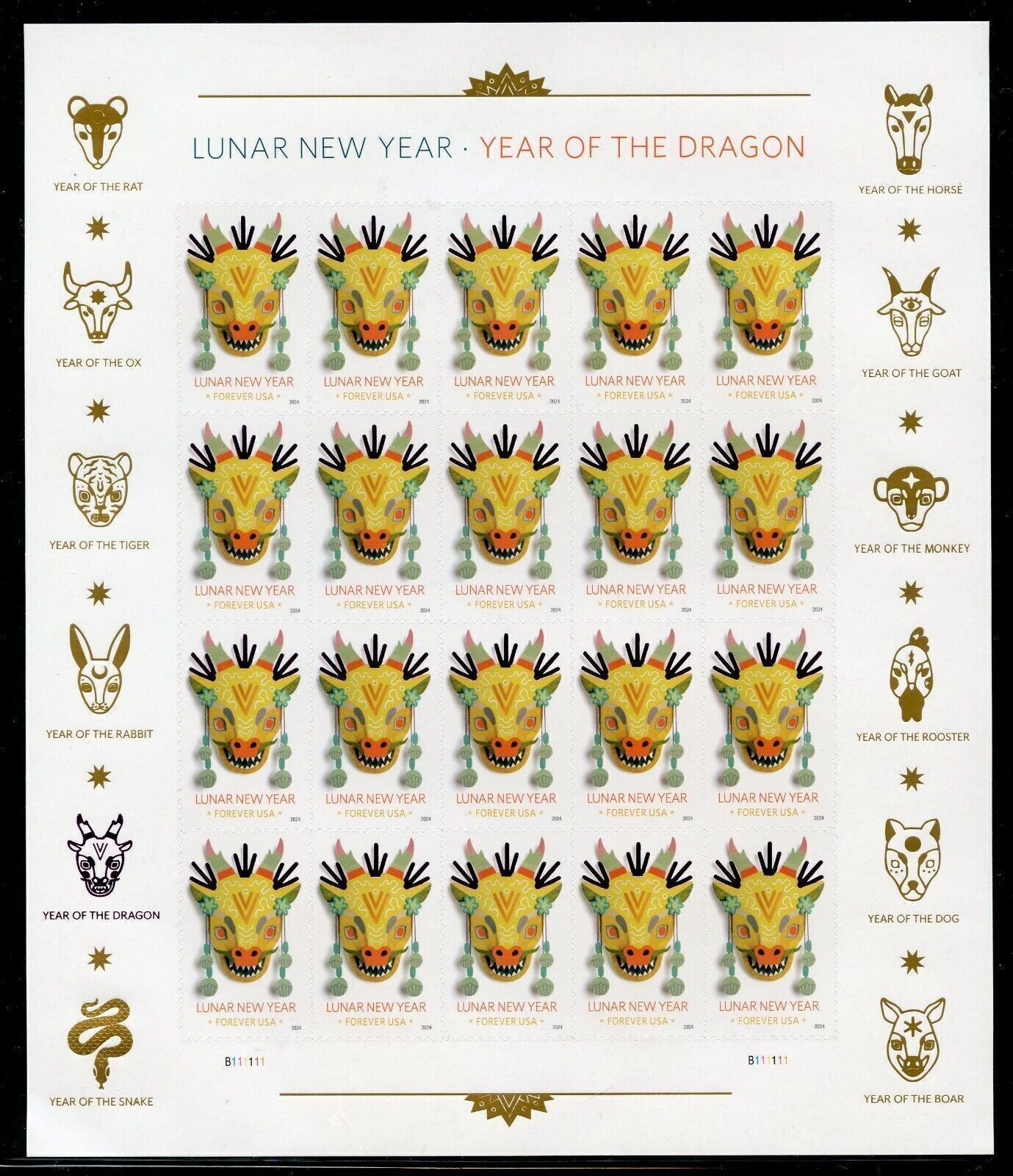 2024 USPS SHEET OF 20 FIRST CLASS LETTER STAMPS LUNAR NEW YEAR- DRAGON 78¢