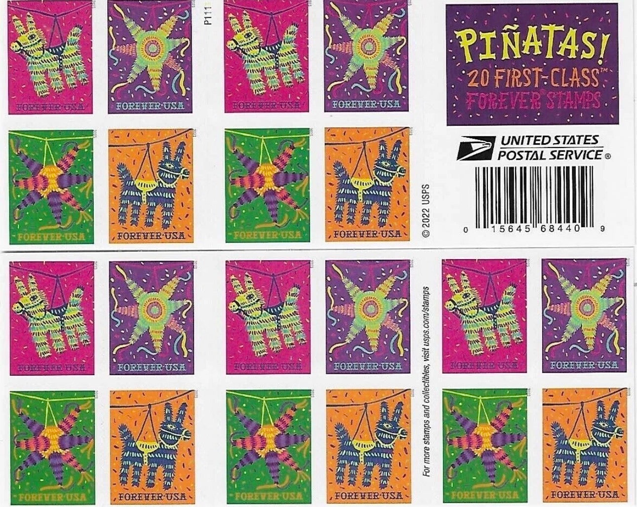 2023 USPS SHEET OF 20 FIRST CLASS LETTER STAMPS PIÑATAS 78¢