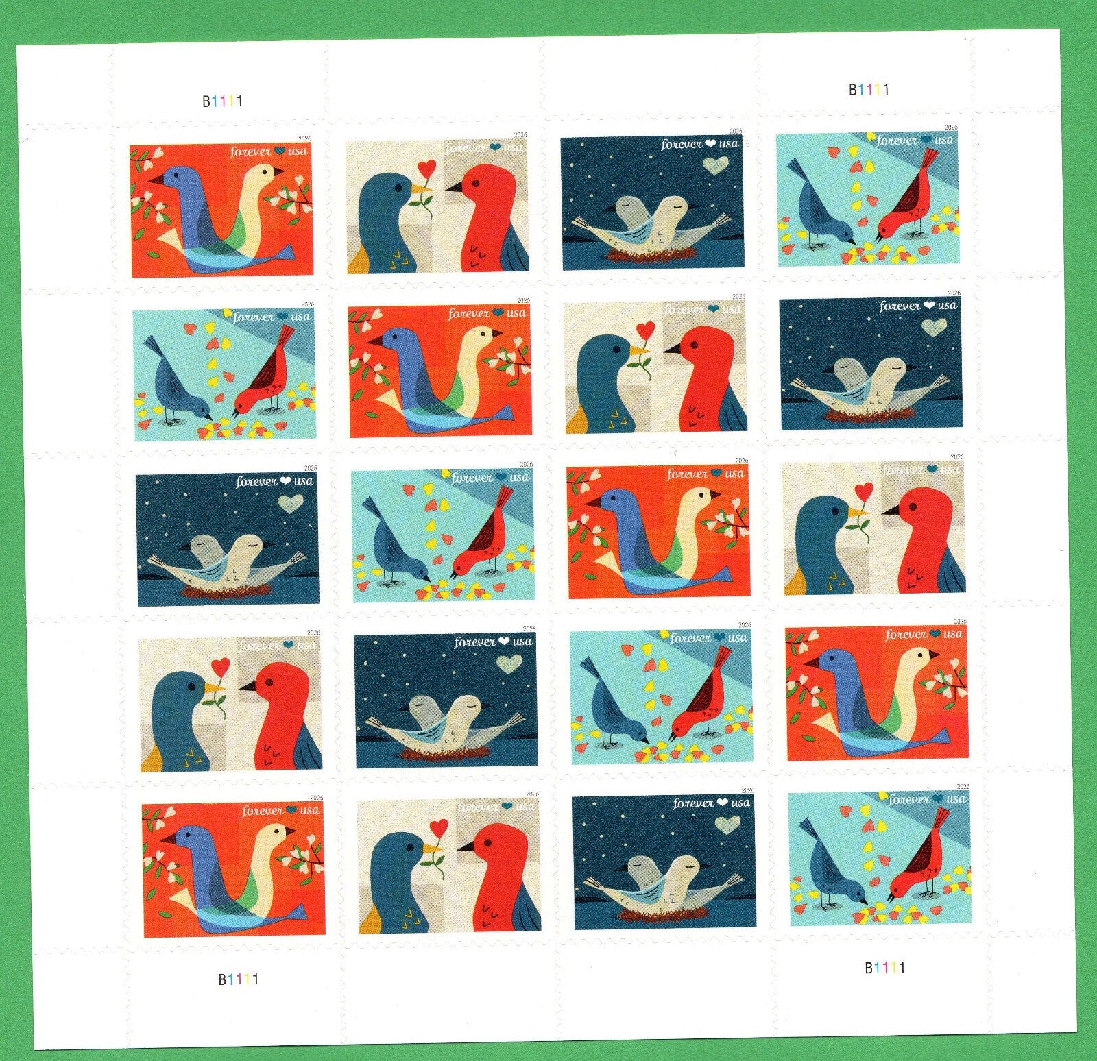 2026 USPS SHEET OF 20 FIRST CLASS LETTER STAMPS LOVE BIRDS 78¢